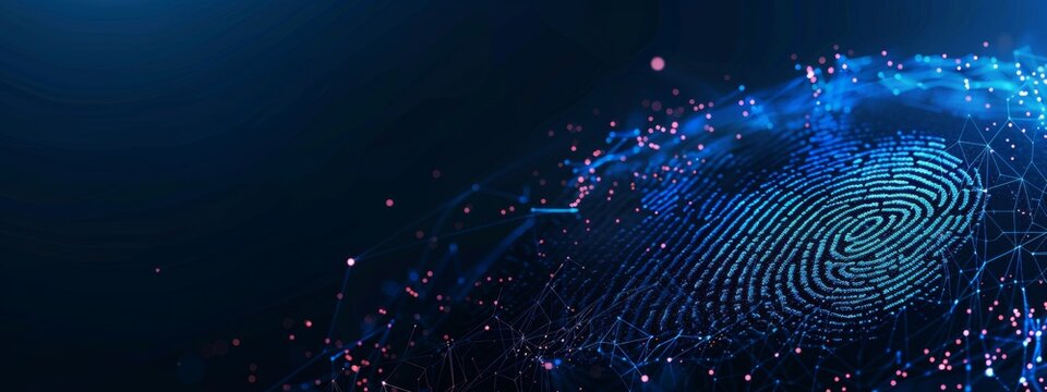 A digital illustration of biometric security technology with an illuminated fingerprint on the left side.