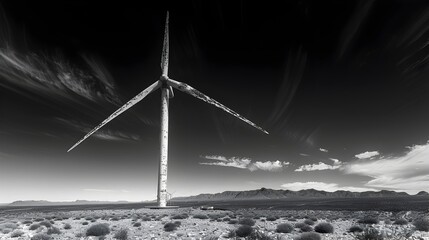 Weathered Lone Wind Turbine Stands Tall in Desolate Post Apocalyptic Landscape