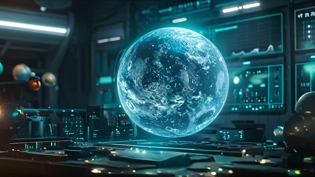 3D futuristic control room, holographic globe in the center of the room, and several computer consoles around the room.