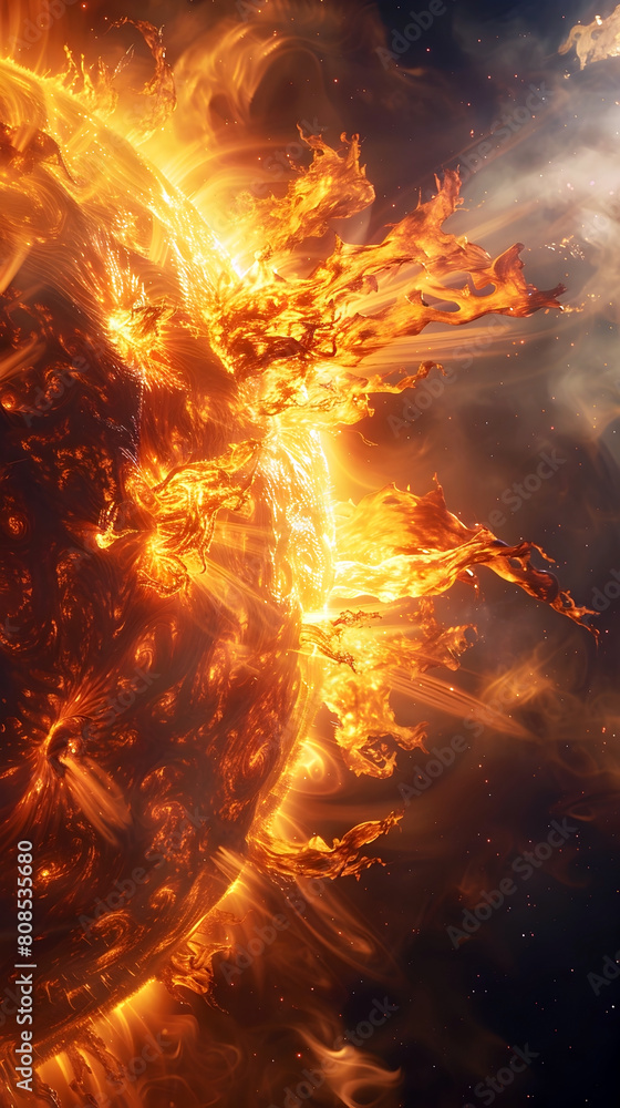 Wall mural Dramatic Solar Flare Eruption Capturing the Sun's Powerful Plasma Arcing Across Its Brilliant Surface with Vivid Colors and Dynamic Movement,Evoking