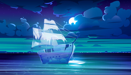 Dark night sea and moon in cloud sky illustration - obrazy, fototapety, plakaty