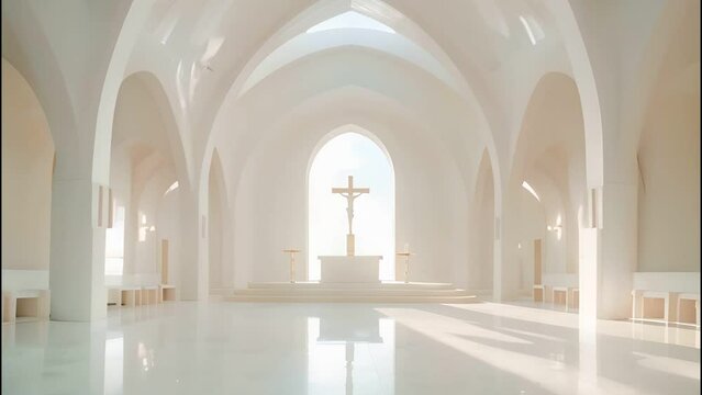 interior of a modern church with white walls and arches. The church is empty and there is a large cross at the front.