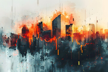 Dramatic cityscape depicting a financial crisis and market collapse,with a vibrant,abstract,and cinematic visual style