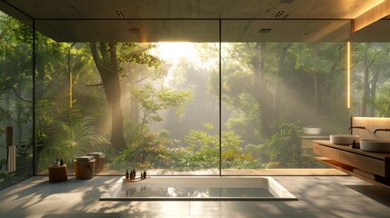 Ultra-detailed 3D rendering of a bathroom offering an immersive experience into nature with seamless glass walls facing a dense forest, bathed in diffused sunlight.