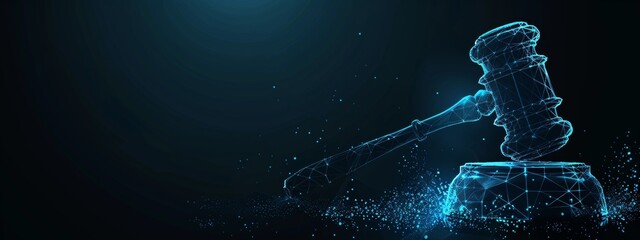 Digital gavel and glowing dots on a dark blue background, a vector illustration of a computerized digital online court concept with low poly lines.