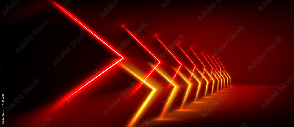 Poster abstract red neon light arrow speed background. futuristic glow tech gamer graphic for banner. fast 
