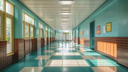 Vibrant School Hallway Interior - 3D Illustration with Modern Design and Bright Lighting