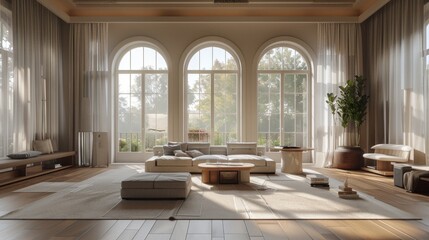 Fototapeta premium Ultra-detailed 3D illustration of a spacious living room with minimalist, large bay windows, and a serene, neutral color palette.