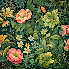 there is a painting of flowers and plants in a field