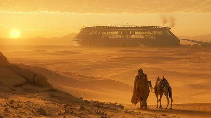 there is a man and a woman walking in the desert with a horse