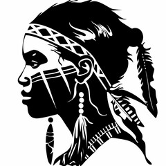 a black and white drawing of a native american woman