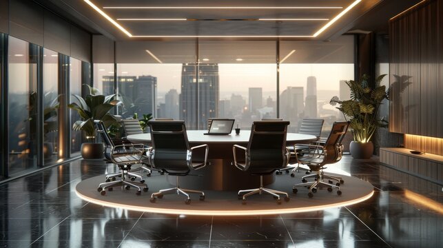 Ultra-detailed 3D illustration of a small, modern meeting room with a round table, flush-mounted lighting, and panoramic windows offering cityscape views.