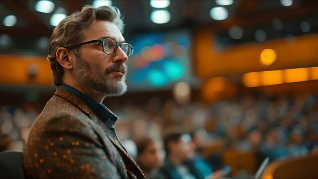 a man with short gray hair and glasses. He is wearing a brown suit jacket and a blue shirt. He is sitting in a large auditorium, listening to a speech.