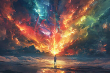 A person standing in the center of an endless sky filled with vibrant colors, surrounded by swirling clouds and shimmering stars. Created with Ai