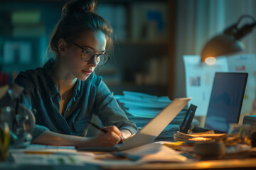 Young woman in glasses working on a laptop late at night in the office.