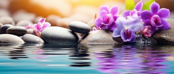 Banner for a spa retreat featuring flowing water, stones, and lush flowers for tranquility