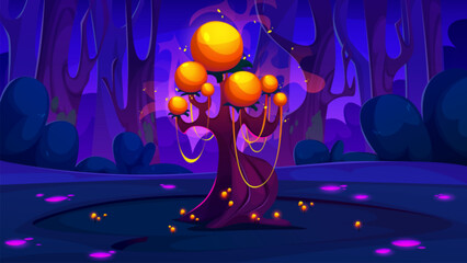 Fantasy forest with magic tree landscape cartoon background. Scary alien world and nature at night illustration. Fairy tale fantastic wonderland environment and spooky garden. Beautiful mystery land