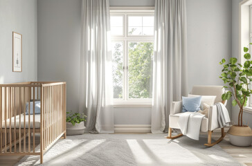 A Scandinavian style nursery room with light gray walls, white furniture and pastel blue accents. A wooden crib is placed in the center of the room