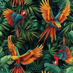 Naklejka premium Parrots in the jungle. Seamless tropical pattern with exotic birds, palm leaves and flowers.
