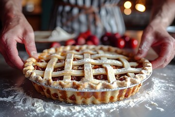 Meticulously Decorated Homemade Pie with Lattice Crust and Sunlit Countertop