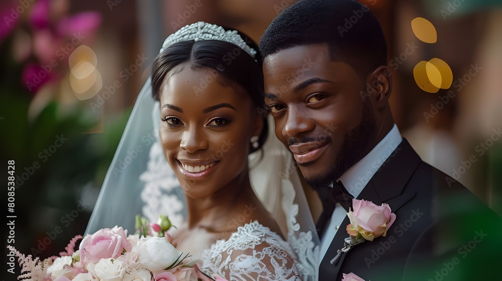 Wall mural beautiful happy wedding couple bride and groom, attractive indian, african american black man and wo