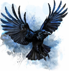  black raven with blue highlights flying