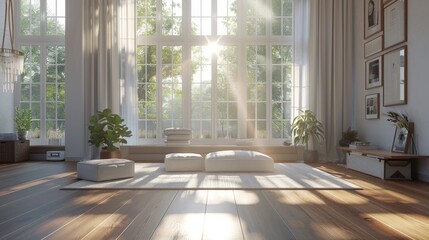Fototapeta premium Realistic 3D rendering of a minimalist living room with big windows, sunlight streaming in, creating a warm, inviting atmosphere with a white color scheme.