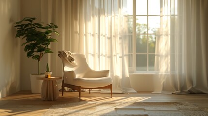 Fototapeta premium Realistic 3D rendering of a minimalist living room with an early morning mood, light filtering softly through sheer curtains onto simple, elegant furnishings.