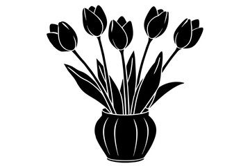 tulips in vase silhouette on white background, Vector illustration, silhouette, bird, icon, svg, characters, Holiday t shirt, Hand drawn trendy Vector illustration, Rose flower
