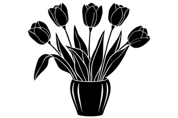 tulips in vase silhouette on white background, Vector illustration, silhouette, bird, icon, svg, characters, Holiday t shirt, Hand drawn trendy Vector illustration, Rose flower