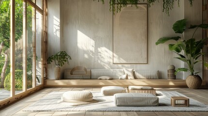 Realistic 3D rendering of a Japan style living room with a clean aesthetic, featuring a wall-mounted minimalist artwork and tranquil natural lighting.