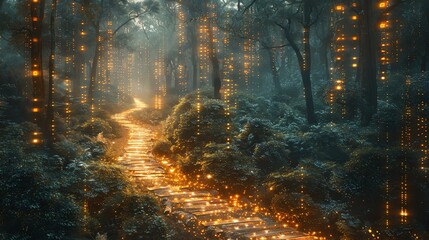 A magical pathway through a dense forest. The path is lit by glowing mushrooms and fireflies.
