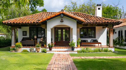 Obraz premium mediterranean home with well-maintained clay tile roof, Beautiful modern wooden house with stained glass windows, view from the green lawn,Sunny exterior view of the Grand Home 