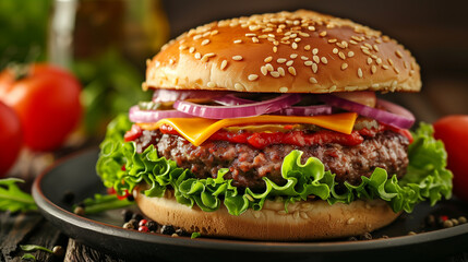 Juicy hamburger lies on a plate, showing layers of meat, cheese and fresh vegetables, Ai Generated...