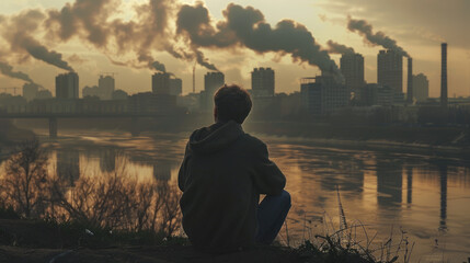 Young man sitting on drying river and looking to polluted city with smoke of co2, carbon dioxide on background Metaphoric of Environment damage, Climate change and pollution