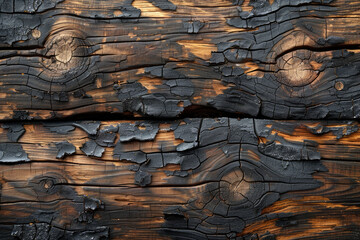 A closeup of the cracked, charred surface of burnt wood with visible textures and patterns. Created...