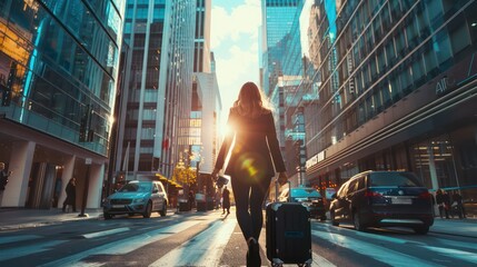 A businesswoman walking through a busy city street, suitcase in hand, on her way to a meeting