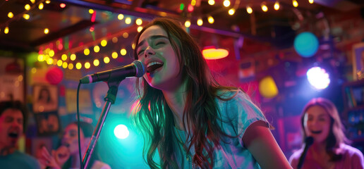 a beautiful girl singing at the front microphone at night club, with a happy facial expression,...