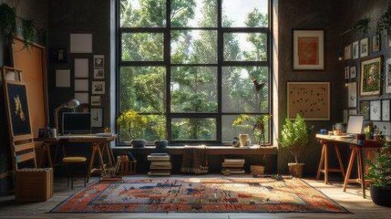 Realistic 3D image of a Scandinavian art studio with natural lighting, clean decor, and a black window that offers inspiration through a forest view.
