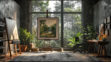 Realistic 3D image of a Scandinavian art studio with natural lighting, clean decor, and a black window that offers inspiration through a forest view.