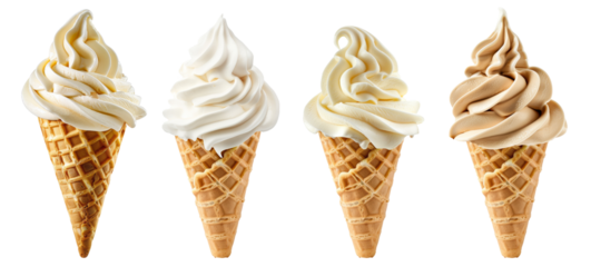A collection of oft serve vanilla Ice cream swirl on waffle cone on transparent background cutout, PNG file.