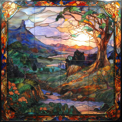 arafed stained glass panel of a landscape with a river and a castle