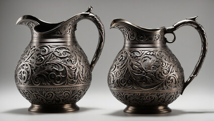  an intricately carved silver pitcher with a curved handle and spout