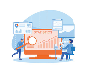 Statistical and Data analysis for business finance investment concept with business people team working on monitor graph dashboard. flat vector modern illustration