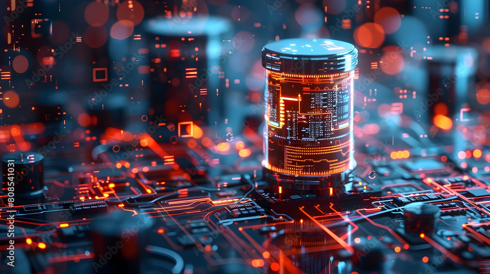 Sticker Futuristic Redox Flow Battery System with Holographic User Interface and Data Visualizations in a Clean Minimalist Workspace Setting