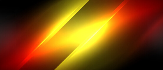 A vibrant sky with red, amber, and orange light beams reflecting on water. The colors create a stunning pattern against the black horizon, resembling a lens flare event in space