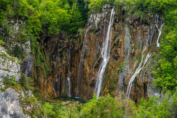 Naklejka premium Waterfall in the Plitvice Lakes National Park. One of the most popular travel destination in Croatia.