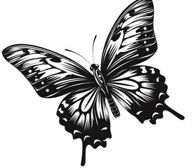 a black and white butterfly with a long wing on a white background