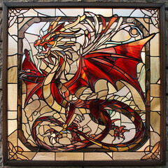 arafed picture of a stained glass dragon in a window