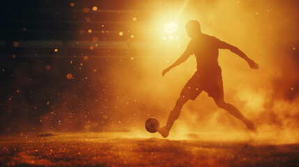 there is a man kicking a soccer ball on a field - obrazy, fototapety, plakaty